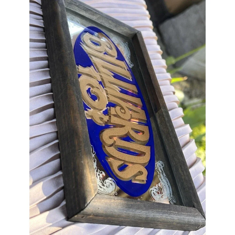 Vintage 1974 Wallace Berrie Billiards Mirror Sign Wood Frame Bar Decor